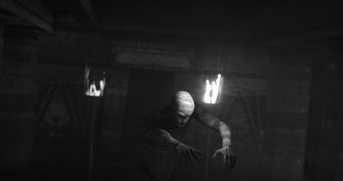 Image of scary zombie mummy walking in dark crypt with burning torches, in black and white