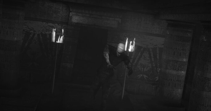 Image of scary zombie mummy walking in dark crypt with burning torches, in black and white