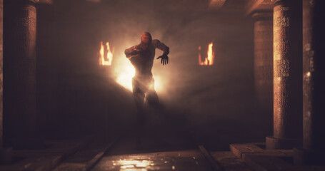 Obraz na płótnie Canvas Image of scary zombie mummy walking around in dark crypt room with burning torches