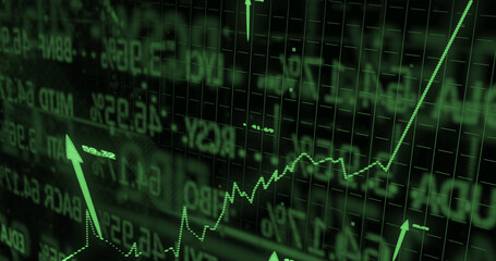 Image of statistics and financial data processing over arrows on black background