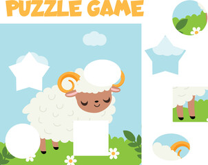 Puzzle for toddlers. Cut and Match pieces and complete the picture of cute lamb. Educational game for children