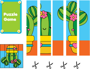 Puzzle for toddlers. Cut and Match pieces and complete the picture of cute cactus. Educational game for children