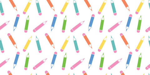 Seamless vector pattern with colorful pencils. Back to school concept. Seamless pattern with stationery. Bright multi-colored banner, poster, postcard, print, wallpaper, wrapping paper