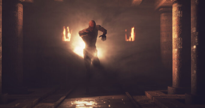 Image of scary zombie mummy walking around in dark crypt room with burning torches