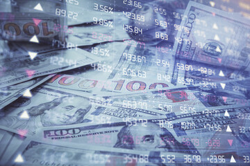 Multi exposure of forex chart drawing over us dollars bill background. Concept of financial success markets.
