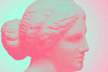 Antique sculpture of human face in artificial intelligence crypto art style. Modern creative concept image with ancient statue head. Contemporary neural network art poster. Funky punk collage design.