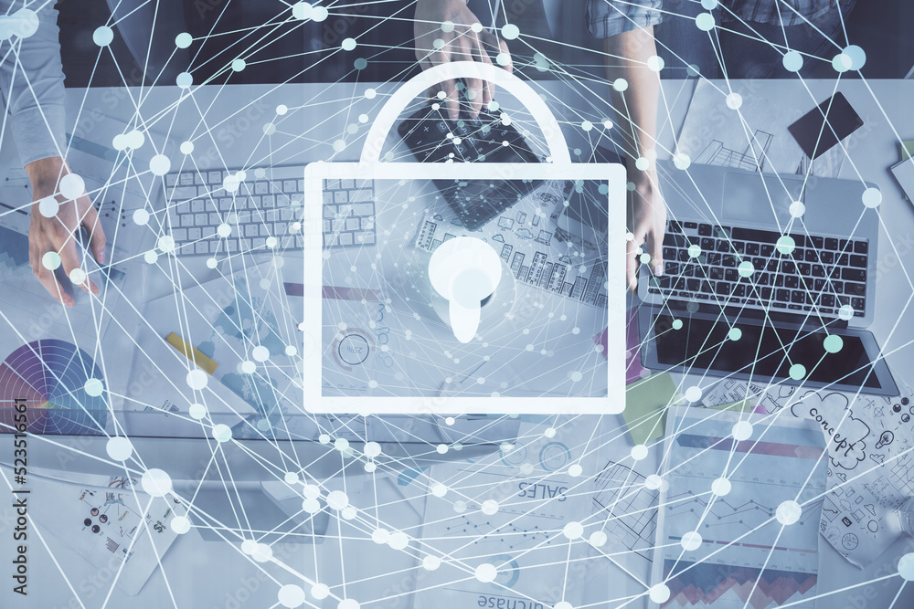Poster double exposure of man and woman working together and technology theme lock drawing hologram. securi