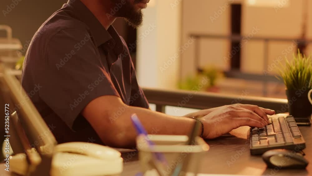 Poster startup employee browsing internet on computer to plan business presentation and do research on netw