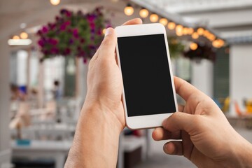 Concept of online shopping service on smartphone. Online shopping. Paying after delivery. Blank screen