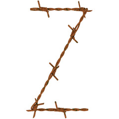 Letter Z made of twisted rusty barbed wire, isolated on white, 3d rendering