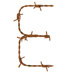 Letter E made of twisted rusty barbed wire, isolated on white, 3d rendering