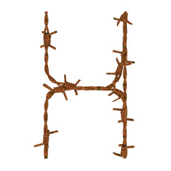 Letter H made of twisted rusty barbed wire, isolated on white, 3d rendering