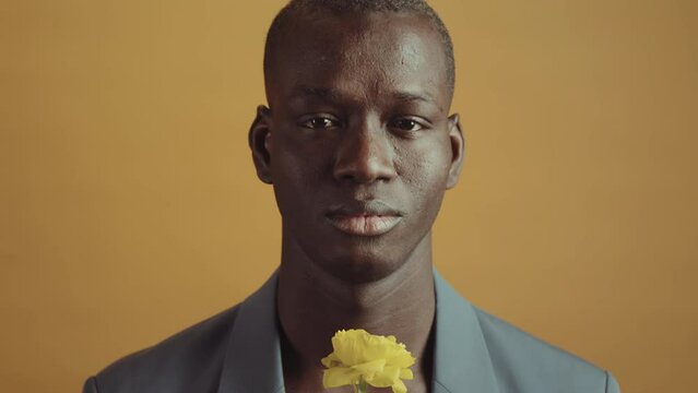 Young adult African American man wearing elegant gray jacket holding yellow flower opening eyes looking at camera, tilt up close-up studio portrait