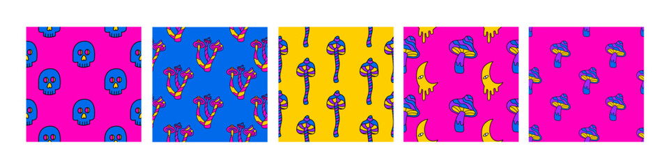 Psychedelic mushrooms seamless patterns set. 1970 vibe. Hallucination patterns. Doodle vector backgrounds. Color acid patterns for textile 