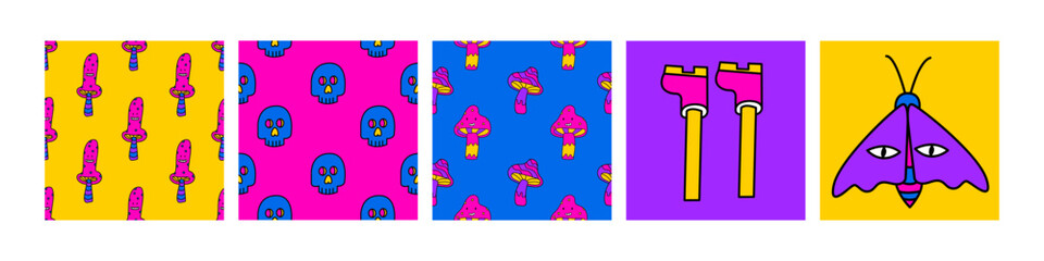 Psychedelic seamless patterns and illustrations set. 1970 vibe. Hallucination patterns. Doodle vector backgrounds. Color acid patterns for textile 