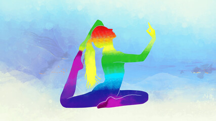Young woman doing ashtanga yoga meditation practice, yoga lotus posture with painted background
