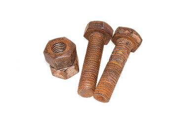 Old Rusty bolt and nut over isolated on white  background