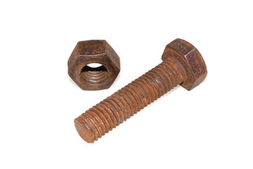 Old Rusty bolt and nut over isolated on white  background