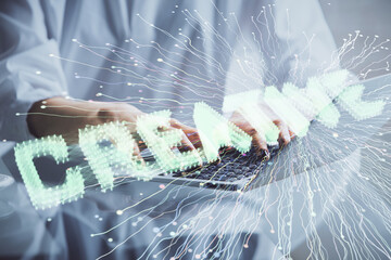 Double exposure of woman hands typing on computer and creative drawing. Start up concept.