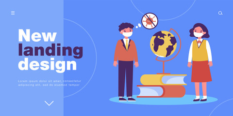 School pupils with mask protecting health from coronavirus. Tiny boy and girl standing near books and globe flat vector illustration. Safe study concept for banner, website design or landing web page
