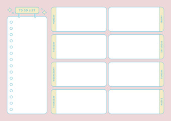 Colorful, cute style weekly planner template. Note, scheduler, diary, calendar planner document template illustration.