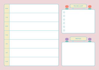 Colorful, cute style weekly planner template. Note, scheduler, diary, calendar planner document template illustration.