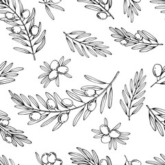 Seamless pattern with olive branches. Hand drawn illustration.