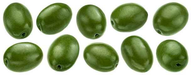 Green olives collection isolated on white background