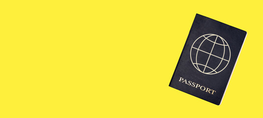 Banner with passport on yellow background. Travelling, tourism, going abroad, person identification concept. Space for text. High quality photo