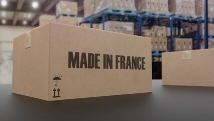 Boxes with MADE IN FRANCE text on conveyor. 3d illustration