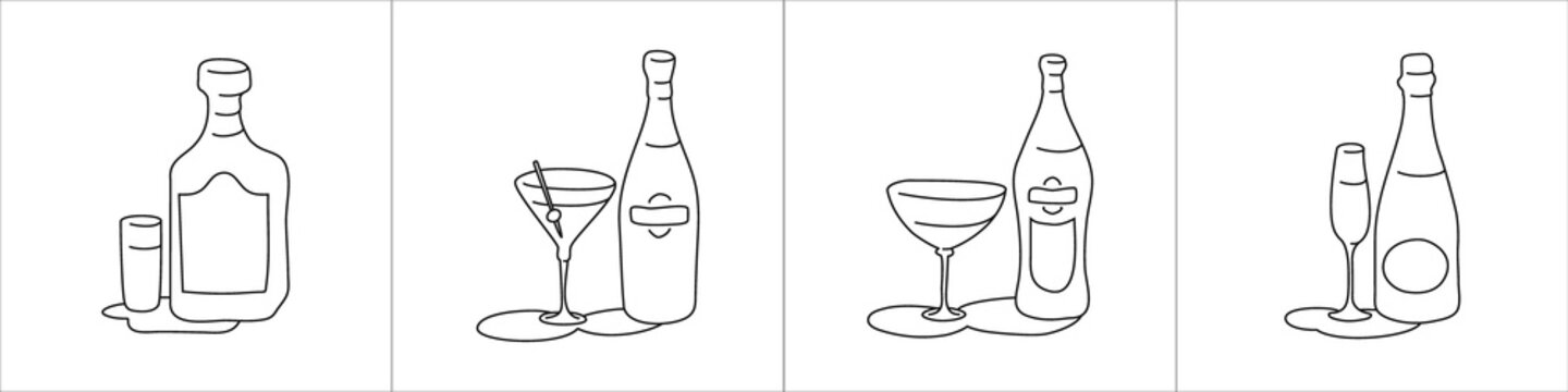 Rum martini vermouth champagne bottle and glass outline icon on white background. Black white cartoon sketch graphic design. Doodle style. Hand drawn image. Party drinks concept. Freehand drawing
