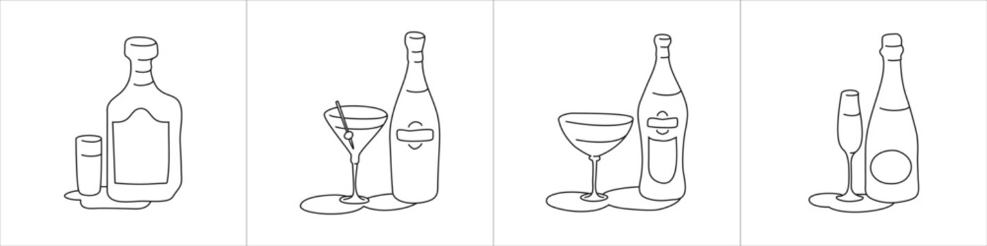 Rum martini vermouth champagne bottle and glass outline icon on white background. Black white cartoon sketch graphic design. Doodle style. Hand drawn image. Party drinks concept. Freehand drawing