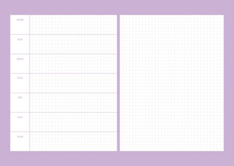 A simple, colorful style weekly planner. Note, scheduler, diary, calendar planner document template illustration.