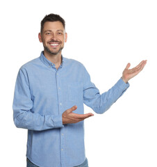 Handsome man gesturing on white background. Weather forecast reporter