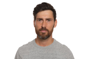 Portrait of handsome bearded man on white background