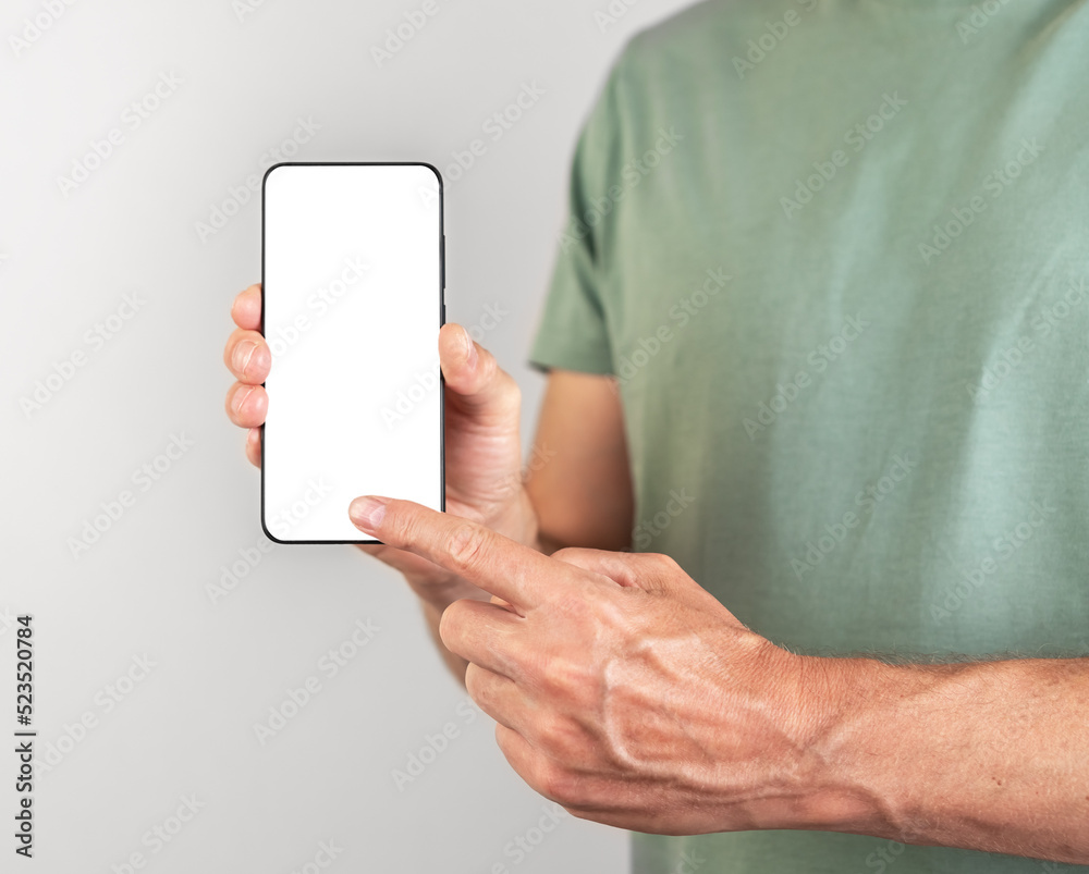 Poster Forefinger pressing ok button at phone mockup. Man using Android template with blank display