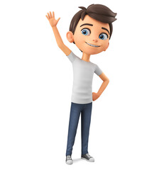 Boy cartoon character waving hand on white background. 3d rendering.