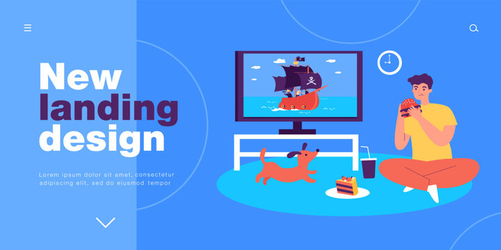 Young man watching adventure movie about pirates on TV. Person sitting on floor of living room, eating cake flat vector illustration. Leisure concept for banner, website design or landing web page
