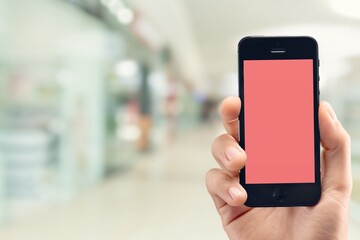 Concept of online shopping service on smartphone. Online shopping. Paying after delivery. Blank screen