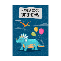 Bright brochure designs with triceratops cute dino. Colored smiling dinosaurs on blue background. Creatures and fossil reptiles concept. Template for promotional leaflet or flyer © Bro Vector