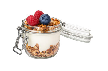 Jar of yogurt with granola and fresh berries isolated on white - Powered by Adobe