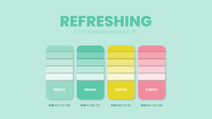 Refreshing color guide book cards samples. Color theme palettes or color schemes collection. Colour combinations in RGB or HEX. Set of trend color swatch cataloque inspiration for fashion or design.