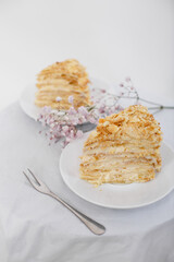 Piece of Napoleon cake on a white saucer isolated on a white background. Cake of puff pastry with sour cream. Copy space.

