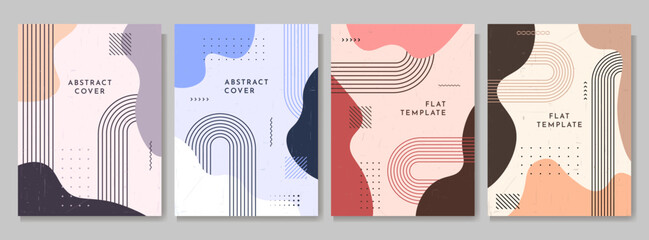 Vector illustration. Set of abstract modern art backgrounds. Simple geometric shapes. Lines and waves. Boho minimalist style. Neutral pastel color. Design elements for postcard, book cover, brochure