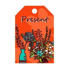 Tag with flowers. Bunches in vases, tulips, roses vector illustrations with text on red background. Florist shop or spring concept for greeting cards and labels design