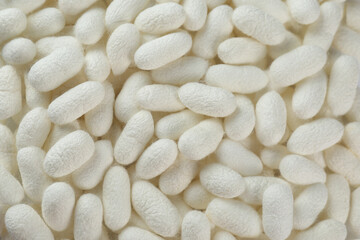 Pile of natural silkworm cocoons as background, closeup