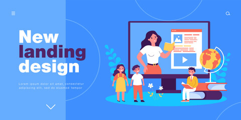 Online video lesson for children from teacher. Tiny kids learning near computer screen flat vector illustration. Distance education, service concept for banner, website design or landing web page
