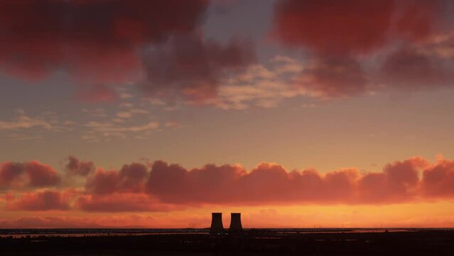 Aerial flight at sunset of a nuclear power plant in Doel. Belgium