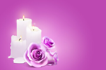 Realistic candles and rosebuds on a purple background. Vector illustration