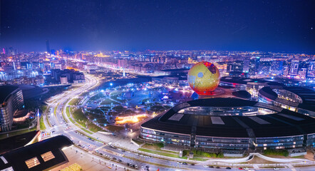 Nur-Sultan, Kazakhstan - August 8, 2022: main building of Expo 2017 in Astana, Exhibition Complex - Nur Alem Aerial drone view